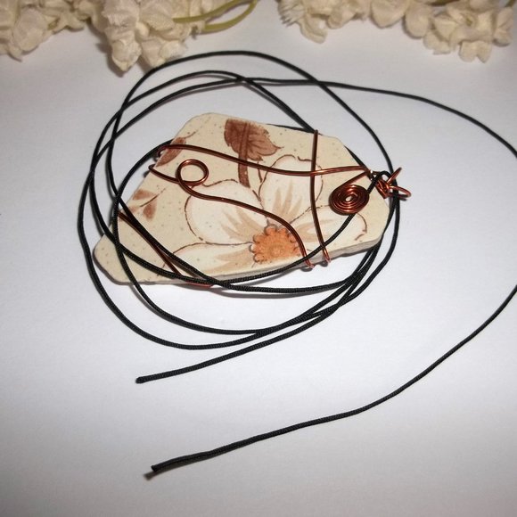Retro Vintage Pottery Necklace New Wire Wrapping Flower Tan Orange Copper C084 - Picture 5 of 9